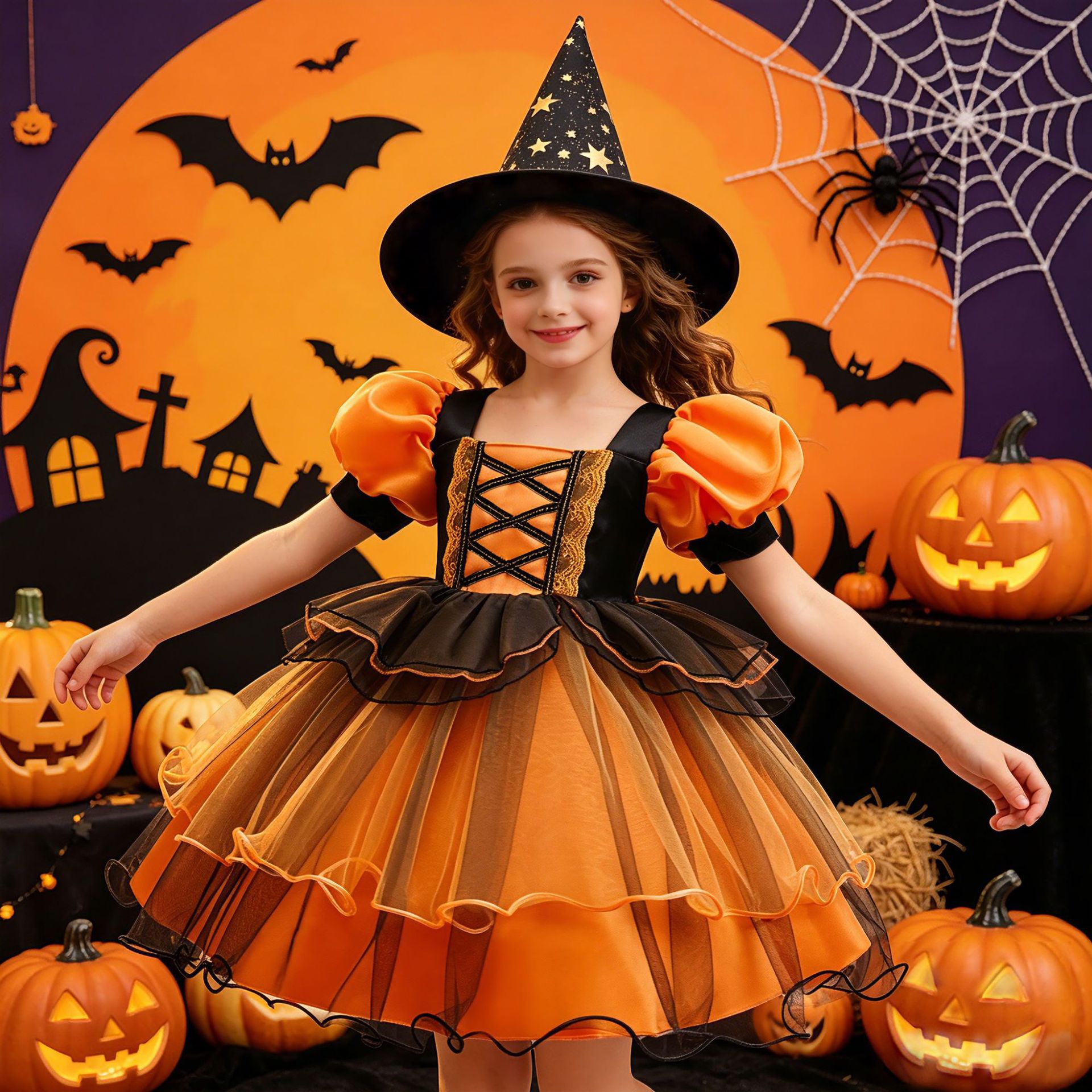 Baby Tutu Skirt - Meisjes Halloween Heksenkostuum Pofmouwen Oranje Zwart